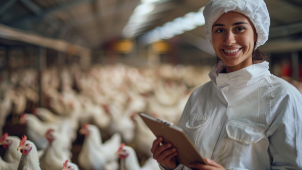 Profissional da defesa pecuária analisando uma granja, assegurando a biosseguridade agropecuária da propriedade